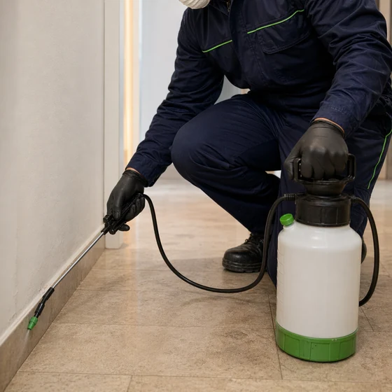 Técnico de control de plagas trabajando en interior en Granada